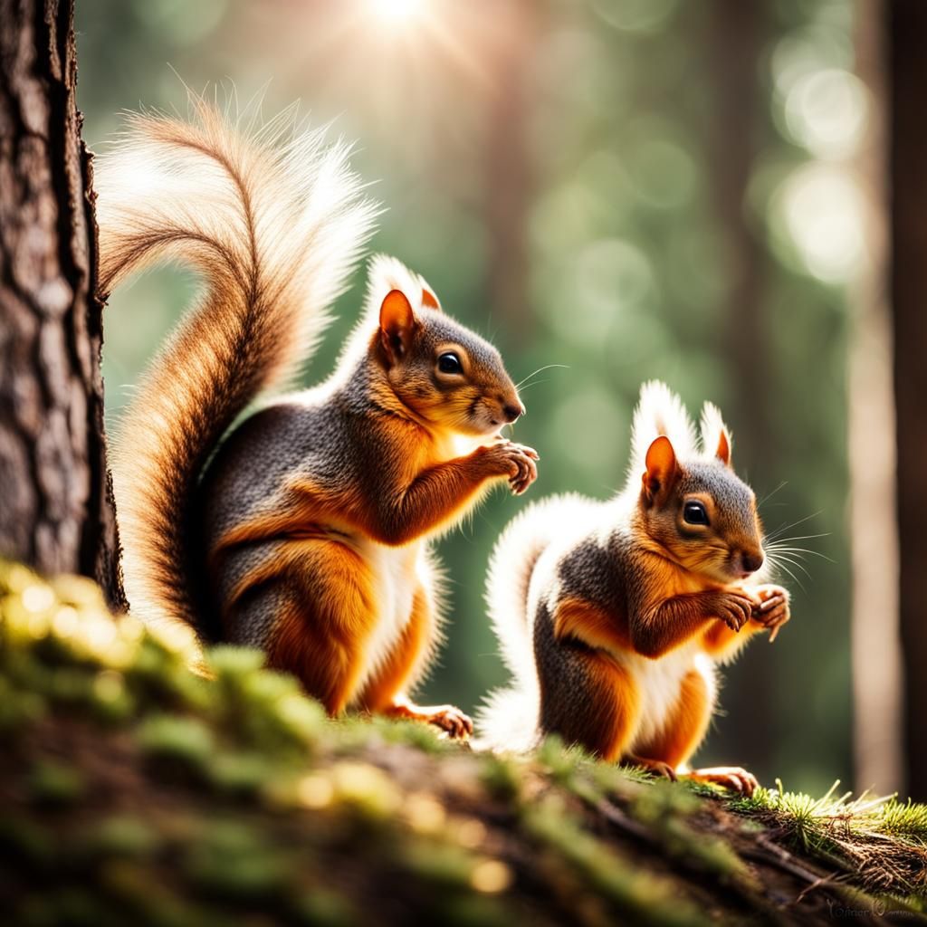 Squirrels in Divine Sunshine Under Pine Canopy