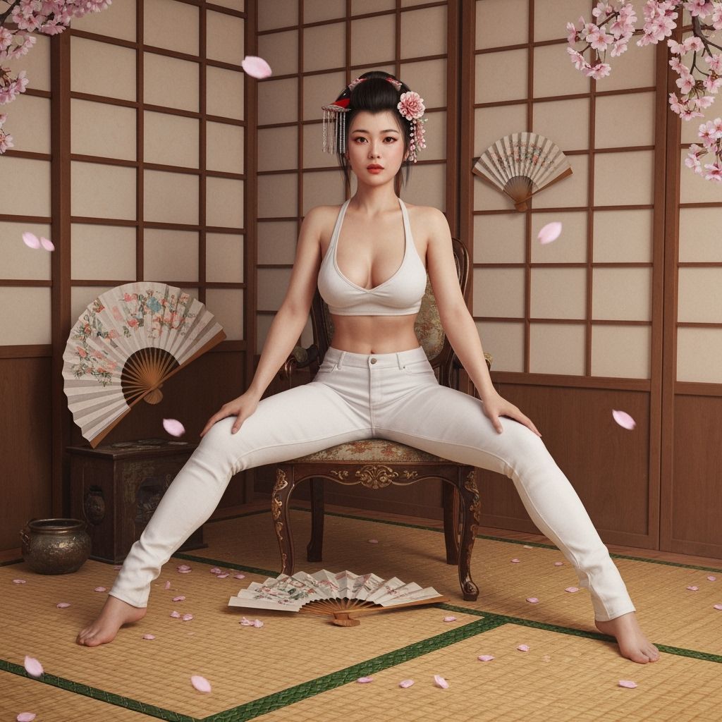 Geisha in Modern Attire with Cherry Blossoms