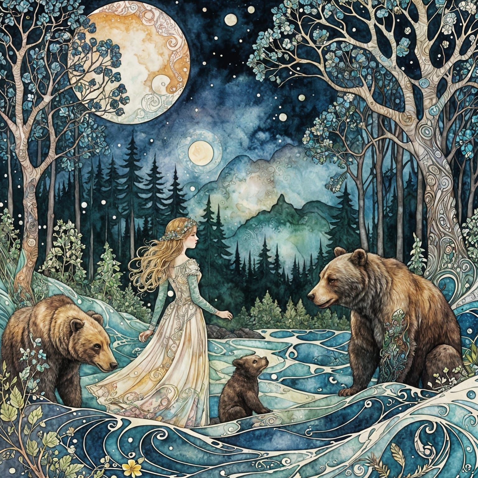 Girls Meet Bear: Art Nouveau Fairytale in Watercolor