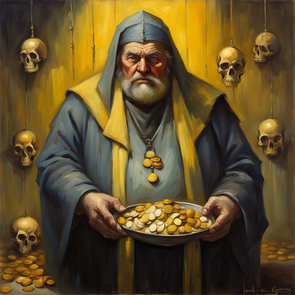 Greedy Fantasy Priest Counting Gold Coins in Oil