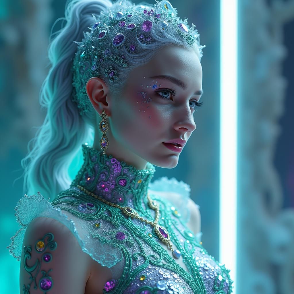 Ethereal Woman with Crystalline Jewelry in Fantasy Style