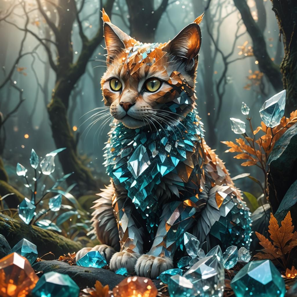 Crystal Cat in Misty Forest: Fantasy Concept Art