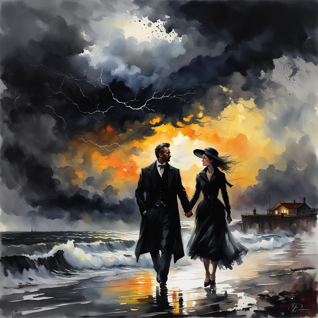 Couple in Stormy Sunset: Digital Watercolor Painting