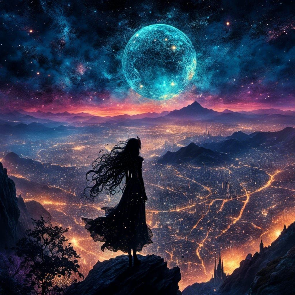 Witch Silhouette Overlooking City at Night