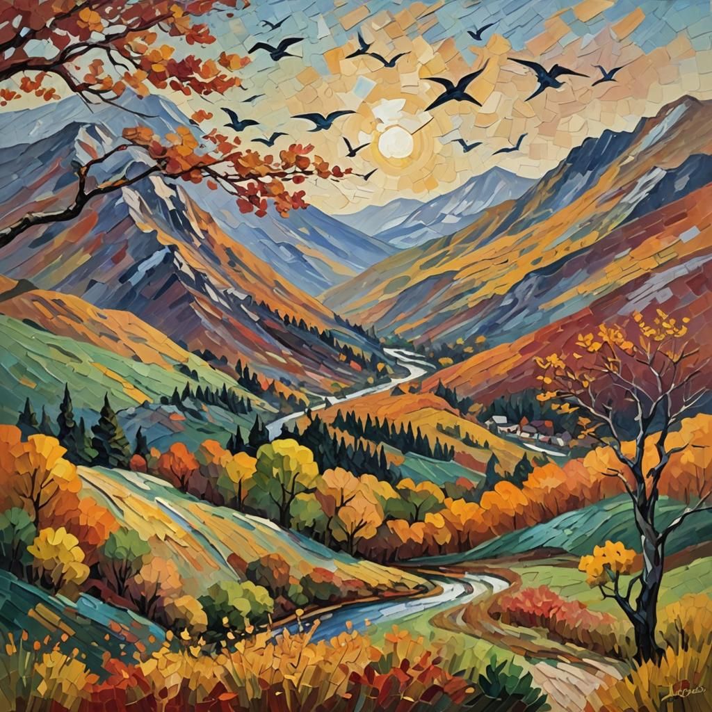 Autumn Mountain Landscape in Neo-Impressionist Style