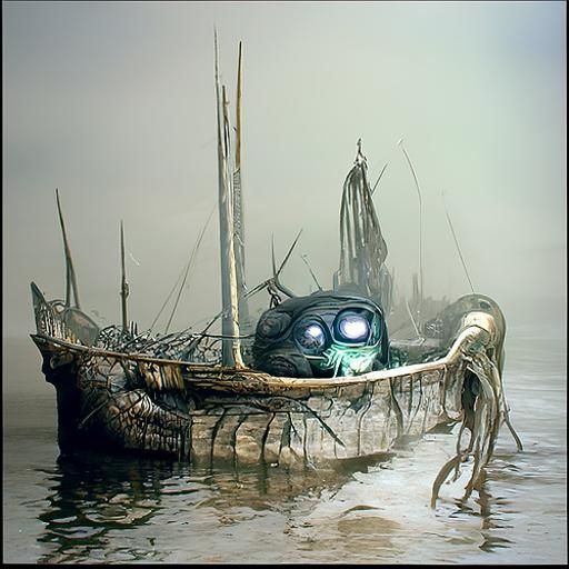 Mysterious Creature on Longboat in Fog