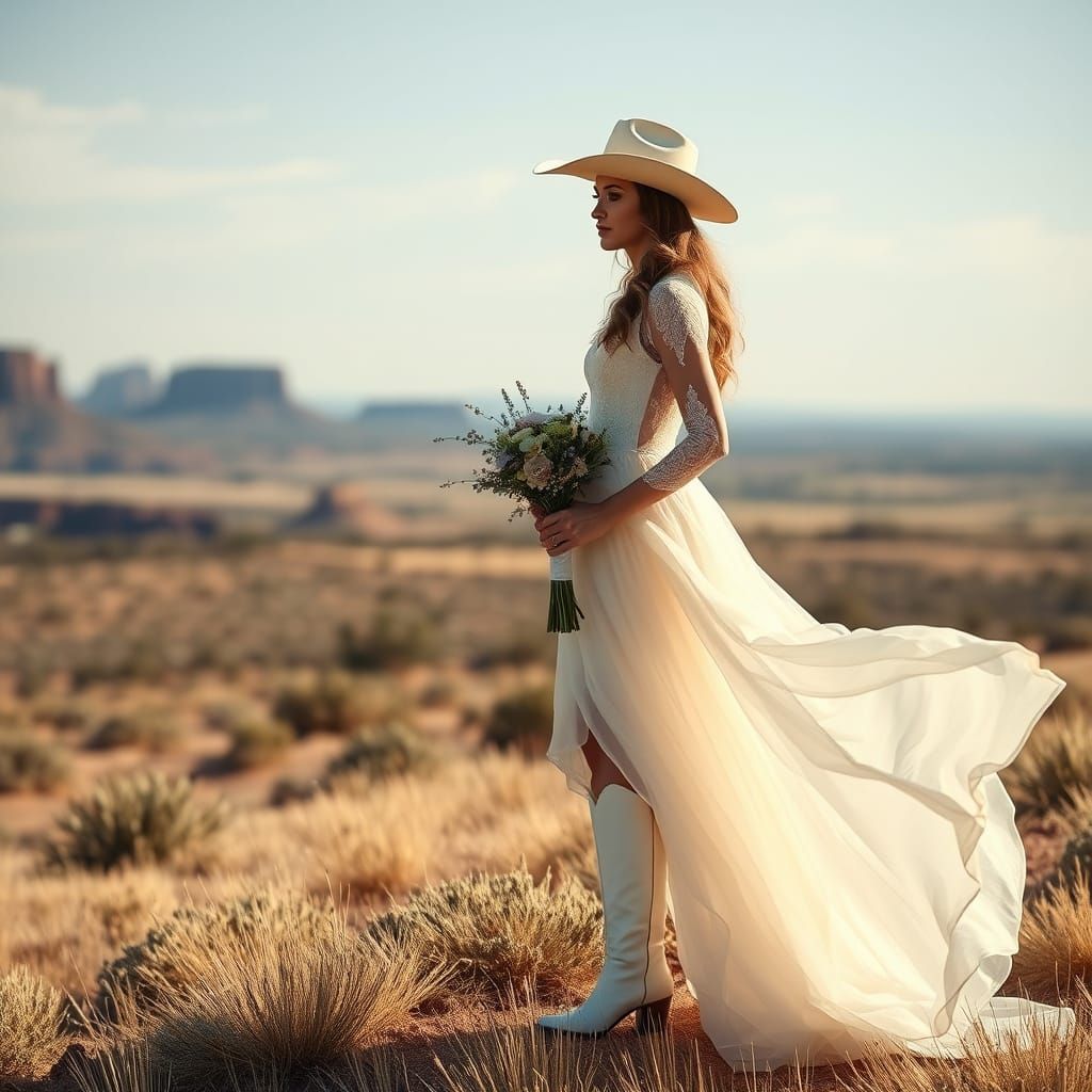 Western Bride in Cowboy Hat and Boots