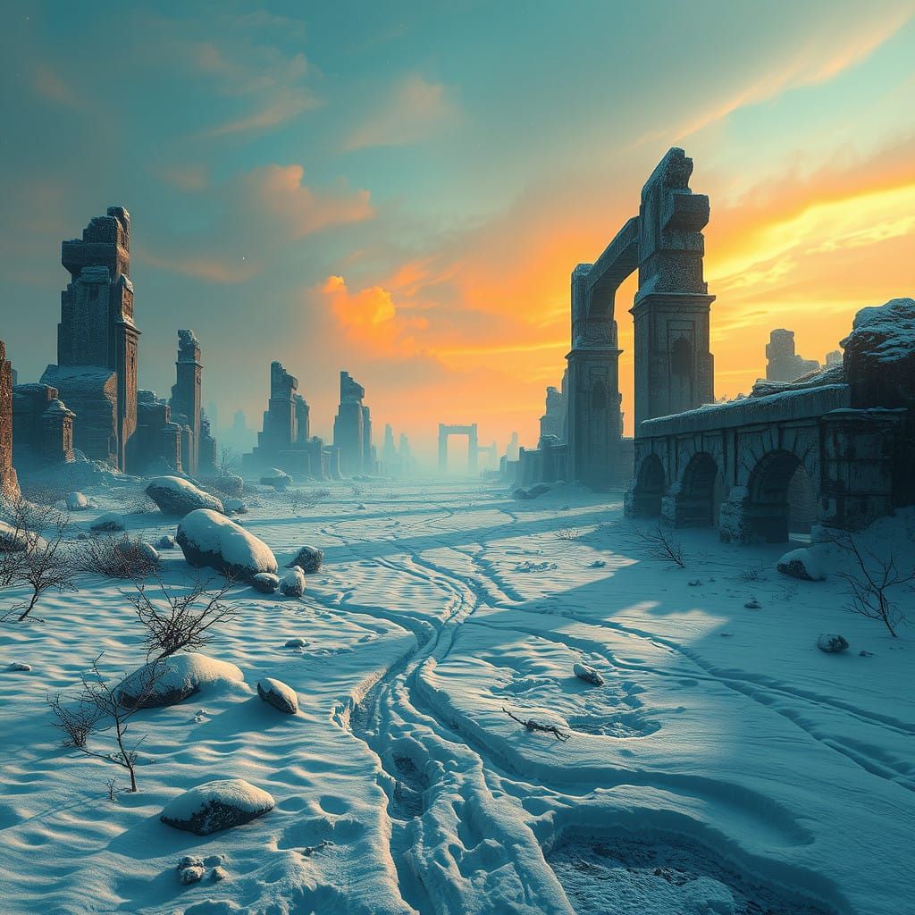 Ethereal Ruins Rise in Post-Apocalyptic Winter Wonderland