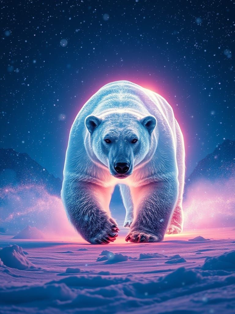 Celestial Polar Bear in Blizzard with Fiber Optic Glow