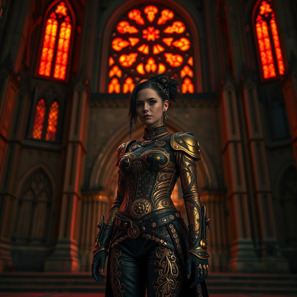 Steampunk Woman at Gothic Cathedral Under Blood Moon