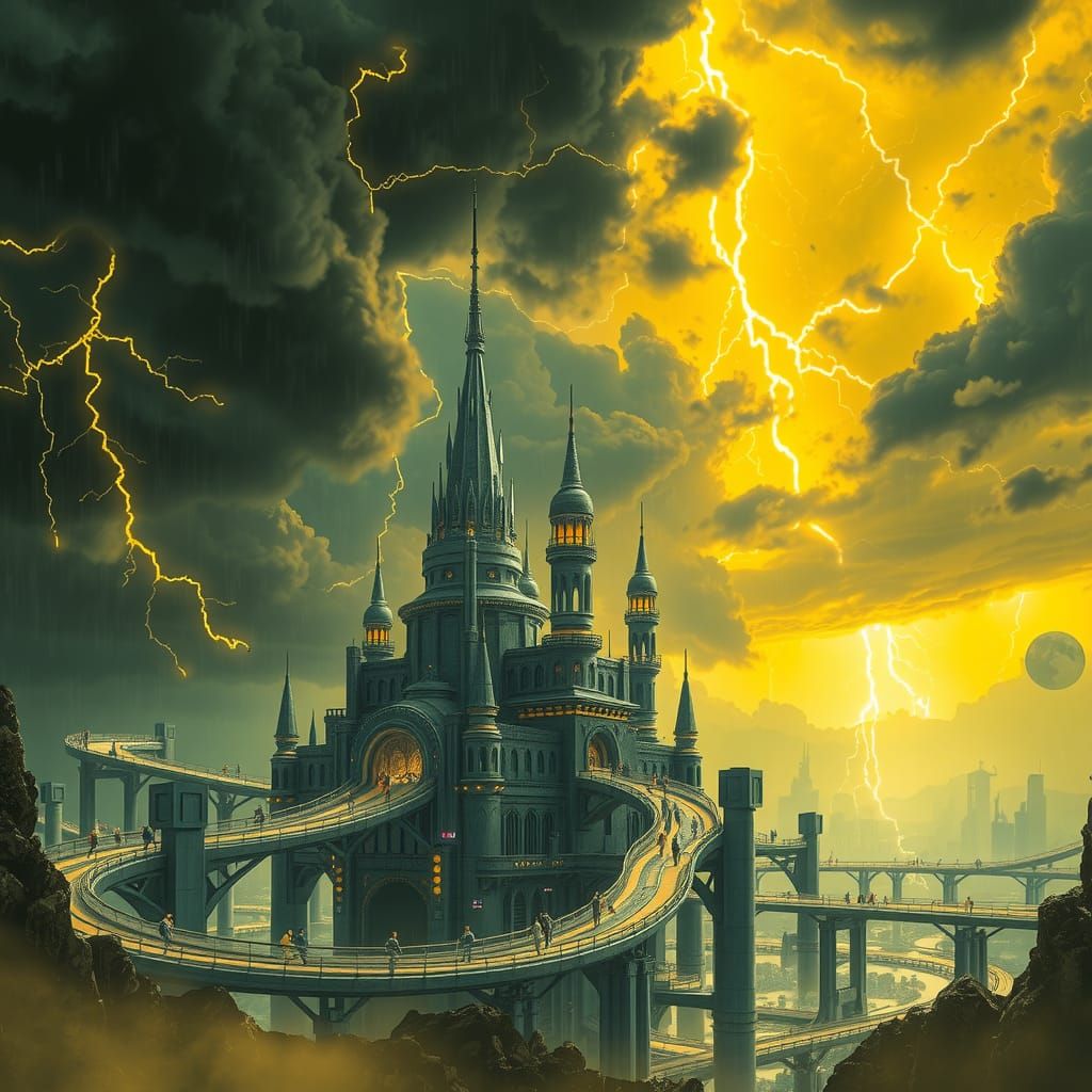 Sci-fi metropolis under a tempestuous sky, black clouds crac...