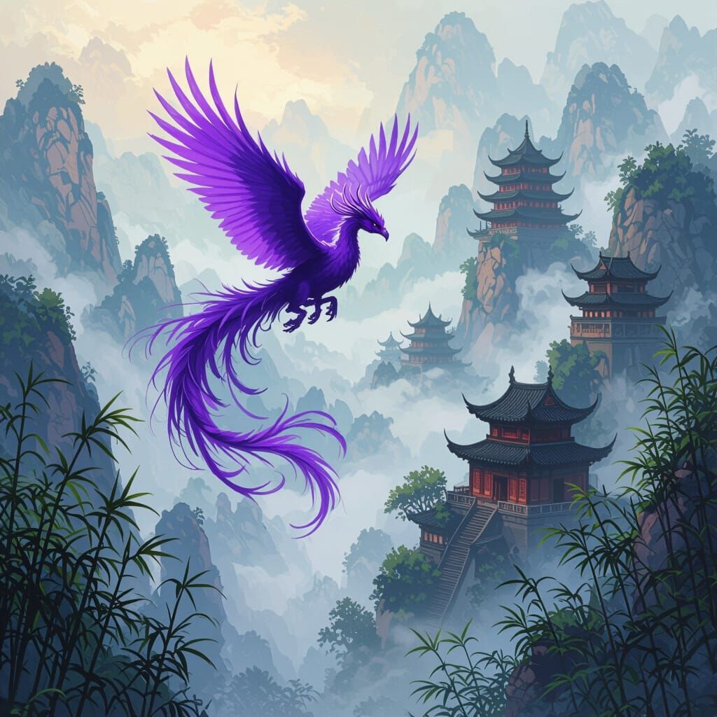 Purple Phoenix and Dragon Soaring Over Misty Mountains