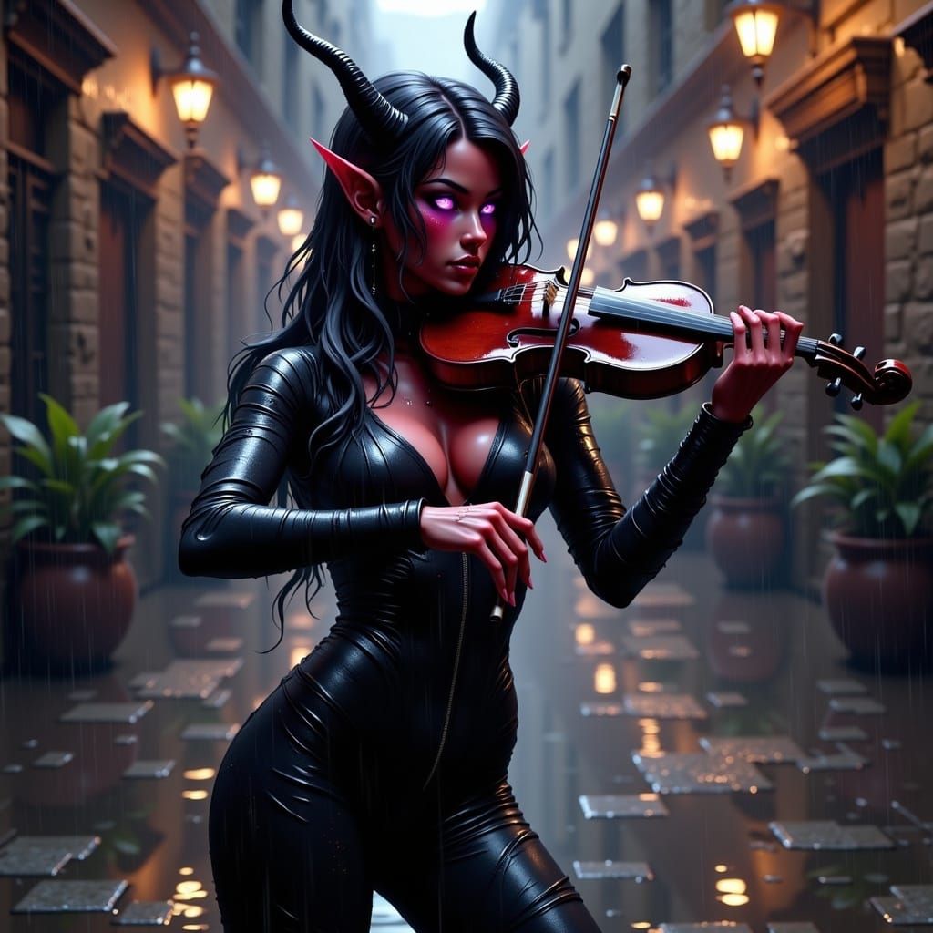 Tiefling Violinist Plays Under Rainy Medieval Cityscape