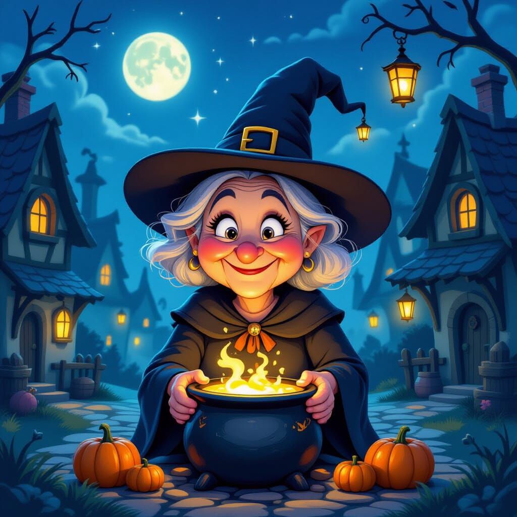 Friendly Old Witch Before Magical Cauldron in Cartoon Style