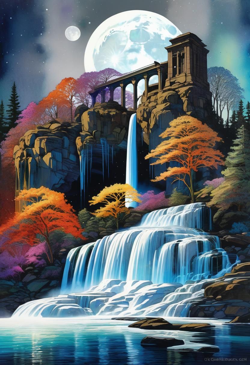 Moonstone Falls Digital Collage in Art Nouveau Style