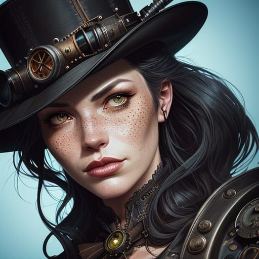 Steampunk Woman Portrait with Black Cat in Comic Art Style
