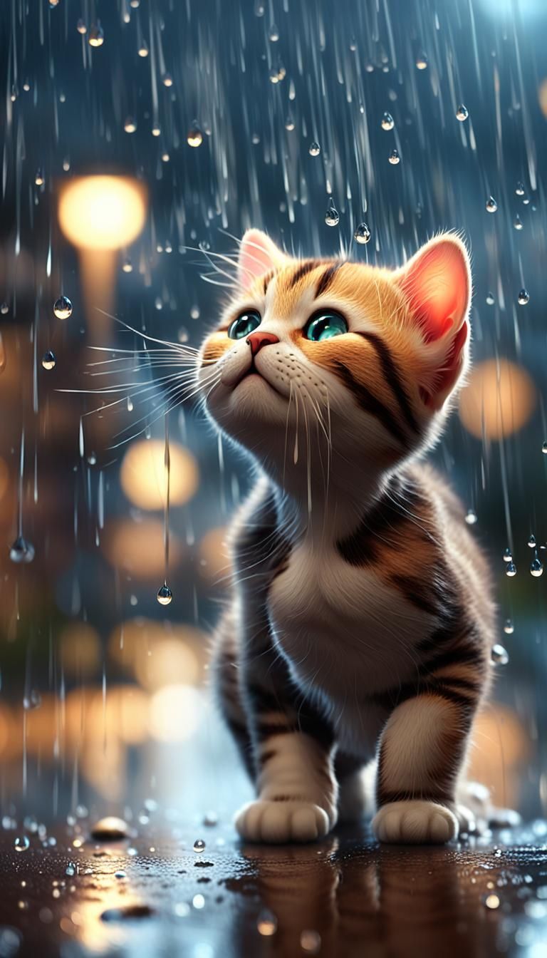 Cute Baby Cat Playing in Rain: 3D Rendering