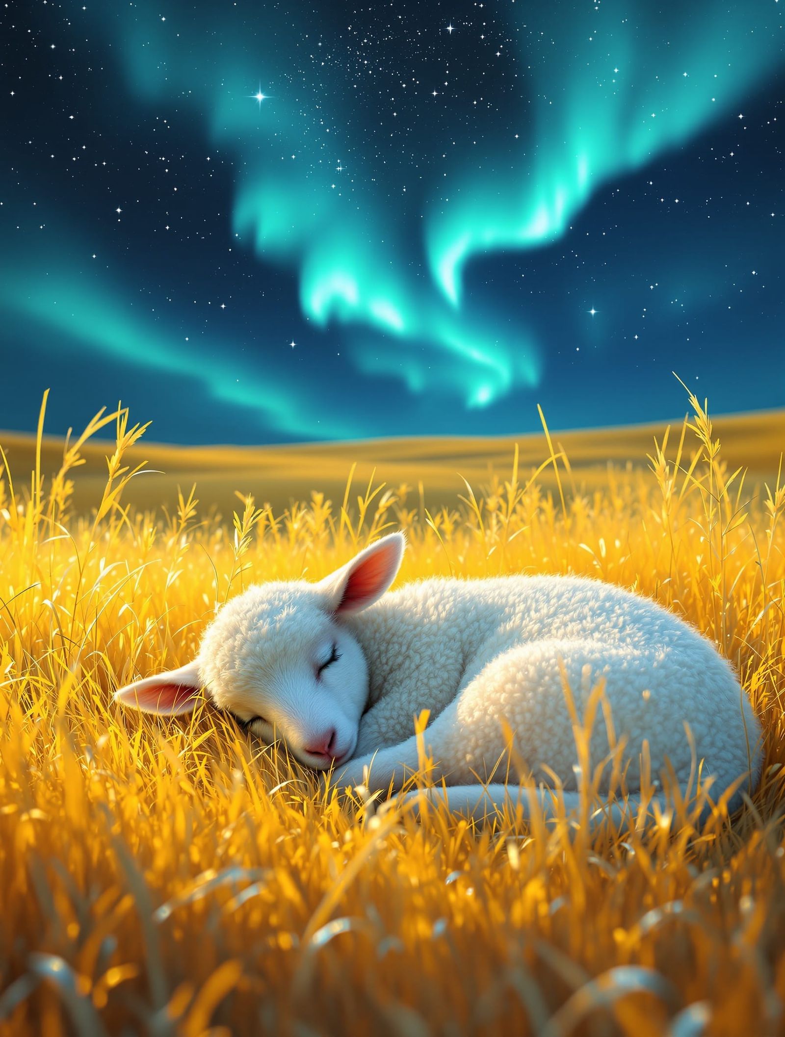 Lamb Asleep Under Aurora Borealis in Gilded Field