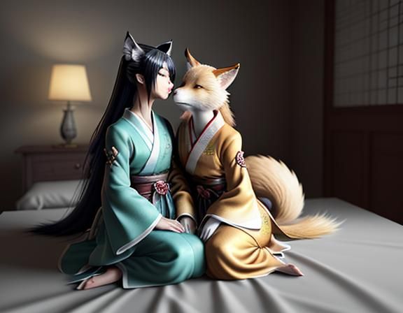 Kitsune Intimacy in Manga Style 3D Rendering