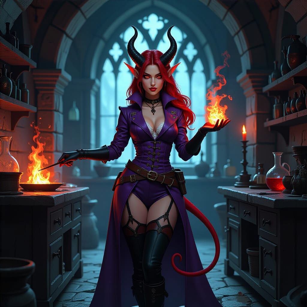 Tiefling Alchemist Mixing Explosives in Dark Fantasy Style
