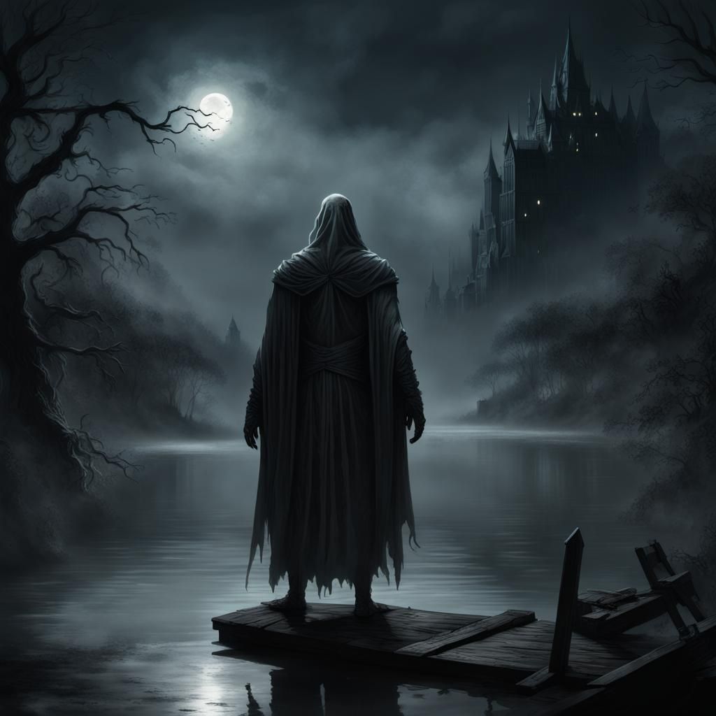Haunting Muscular Ghost Over Misty Lake in Darkness