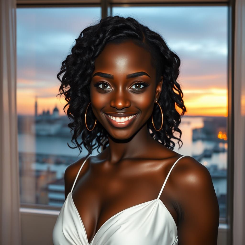 Elegant Woman in Venice Hotel Room at Sunset