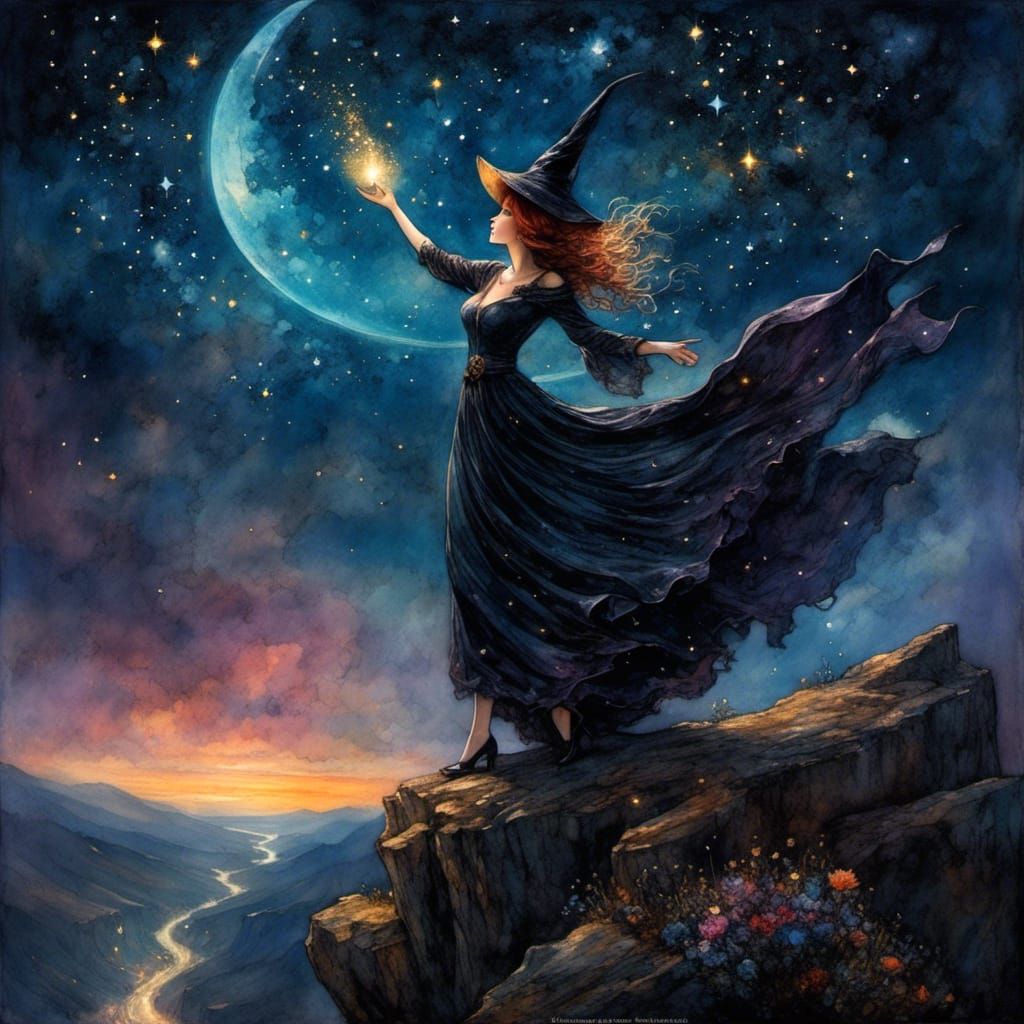 Beautiful Witch Casting Spells in Dark Fantasy Style