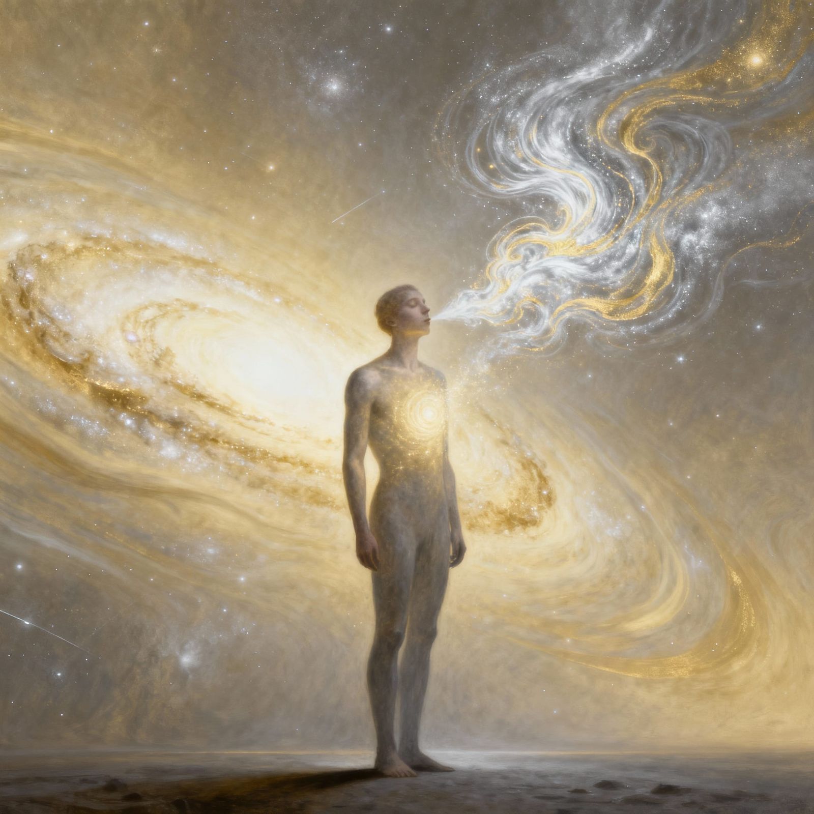 Cosmic Surrealism: Figure Exhales Galaxies, Birth of Existen...