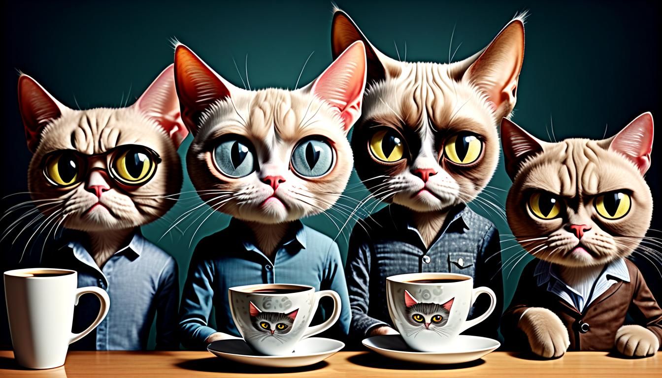 Grumpy Coffee Cat with Big Eyes, Watercolor Collage