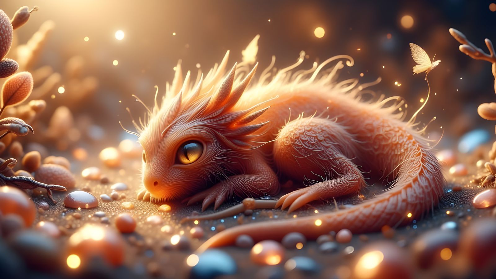 Baby Dragon Asleep on Jewels in Macro Photography Style
