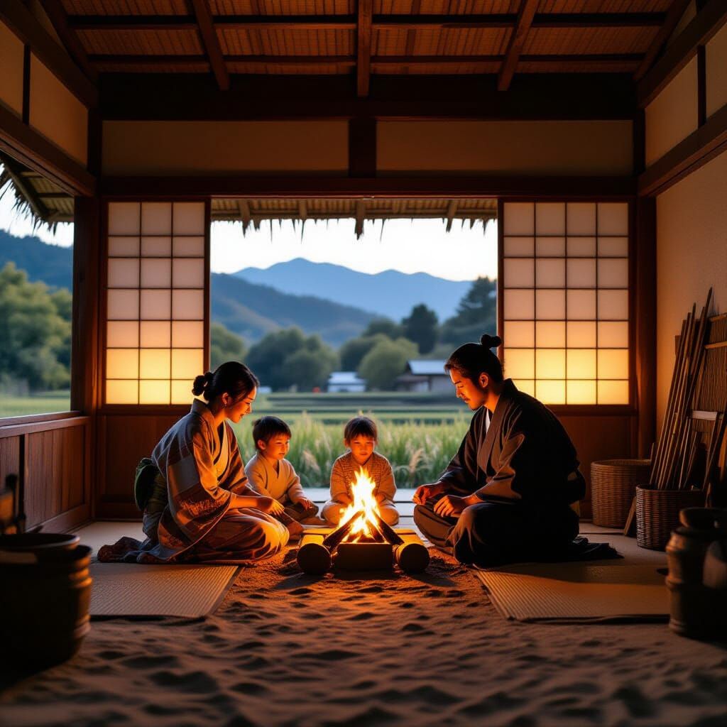 Nara Period Japanese Home at Twilight, Family Gathering