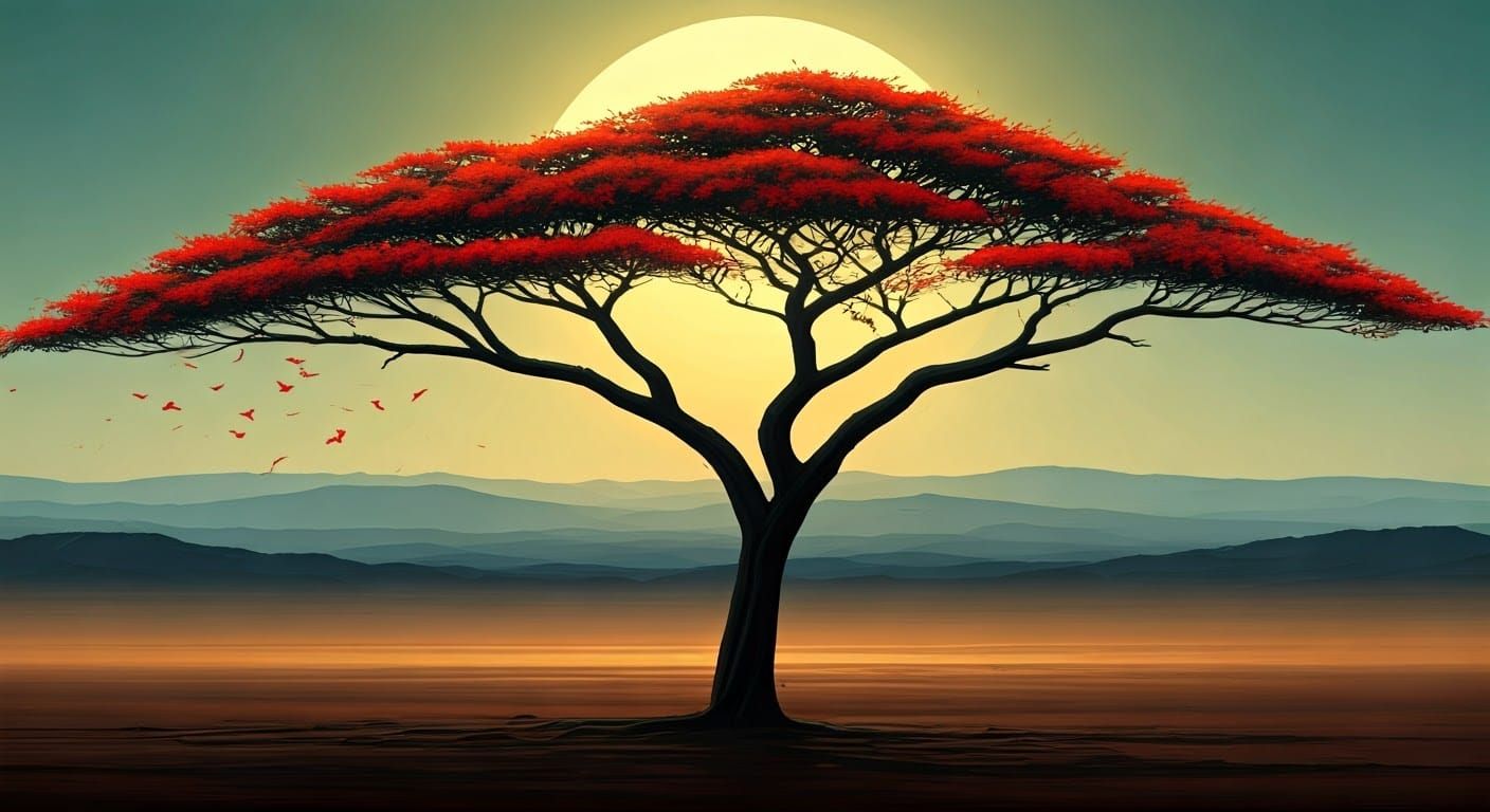 Mystical African Landscape with Acacia Tree in Pastel
