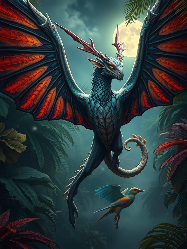 Iridescent Gargoyle Soaring Through Jungle, Art Nouveau Styl...