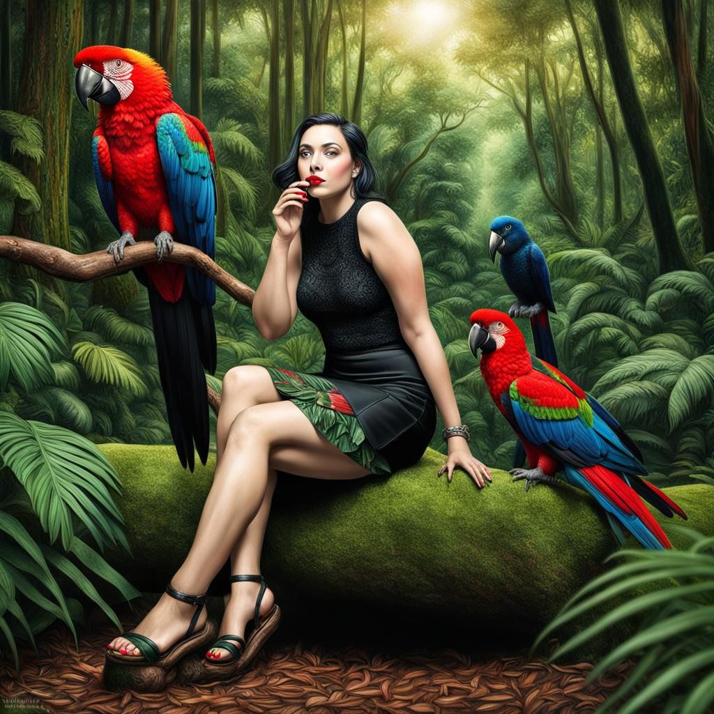 Woman with Macaw in Lush Forest: Hyperrealistic