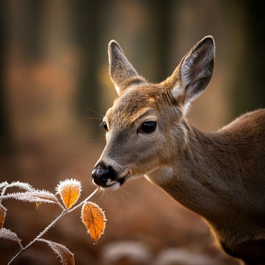 Graceful Doe Sniffs Frosted Autumn Leaf