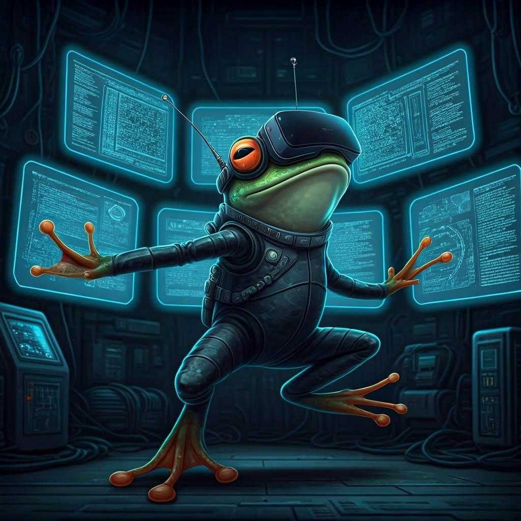 Surprised Frog in VR Goggles in Futuristic Lab