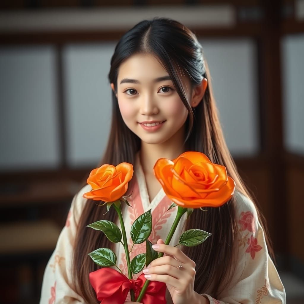 Japanese Girl with Glass Rose