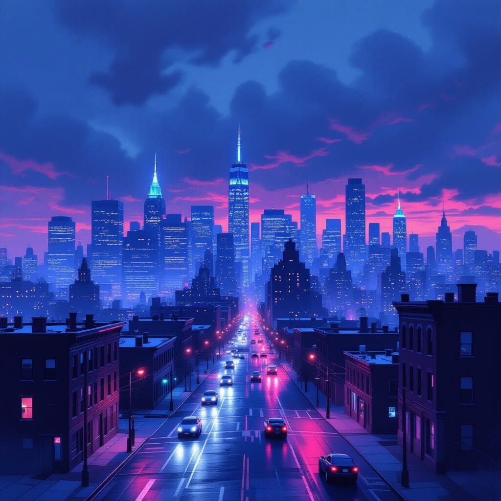 Cityscape at Dusk: Ashcan School Style Vaporwave