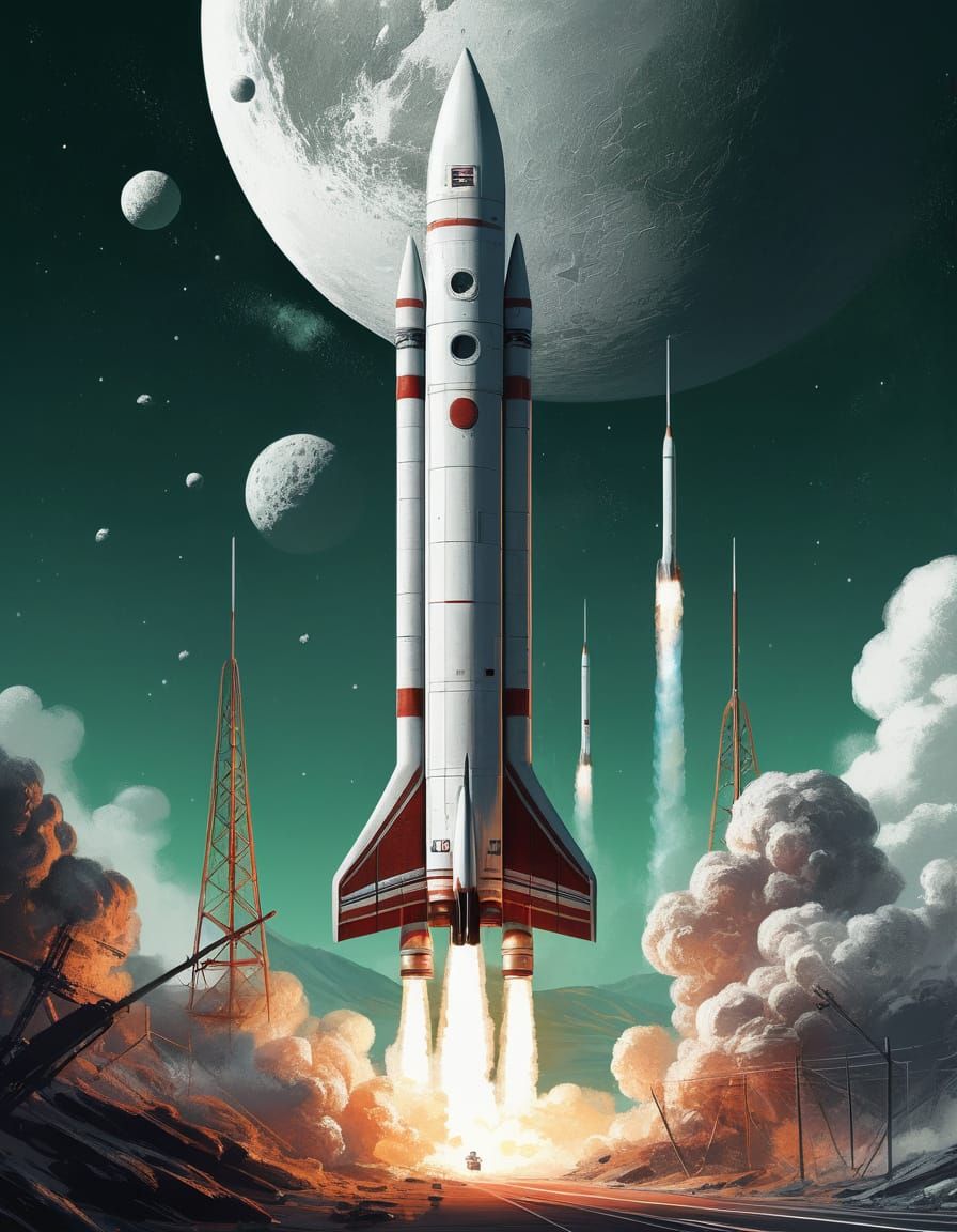 Surreal Retro-Futuristic Rocket Soars Through Cosmic Art Dec...