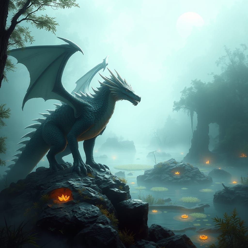 Dragon Overlooking Bioluminescent Swamp, Ethereal Digital Ar...