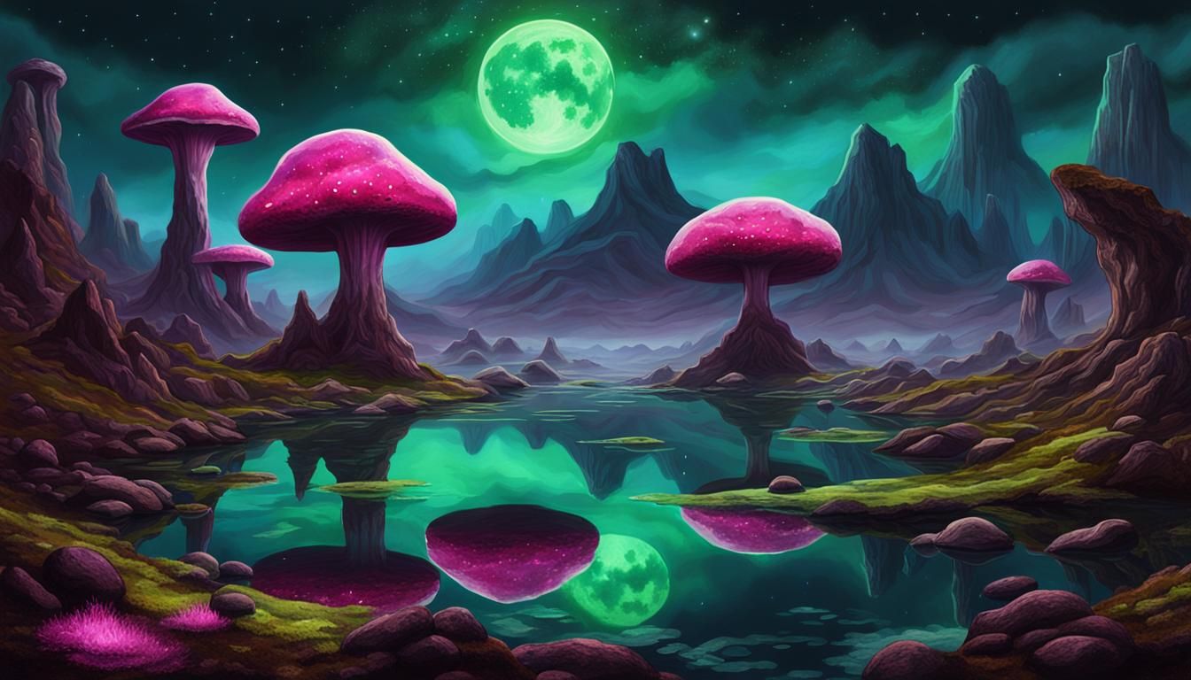 Alien Planet with Bioluminescent Mushrooms, Moody Painting