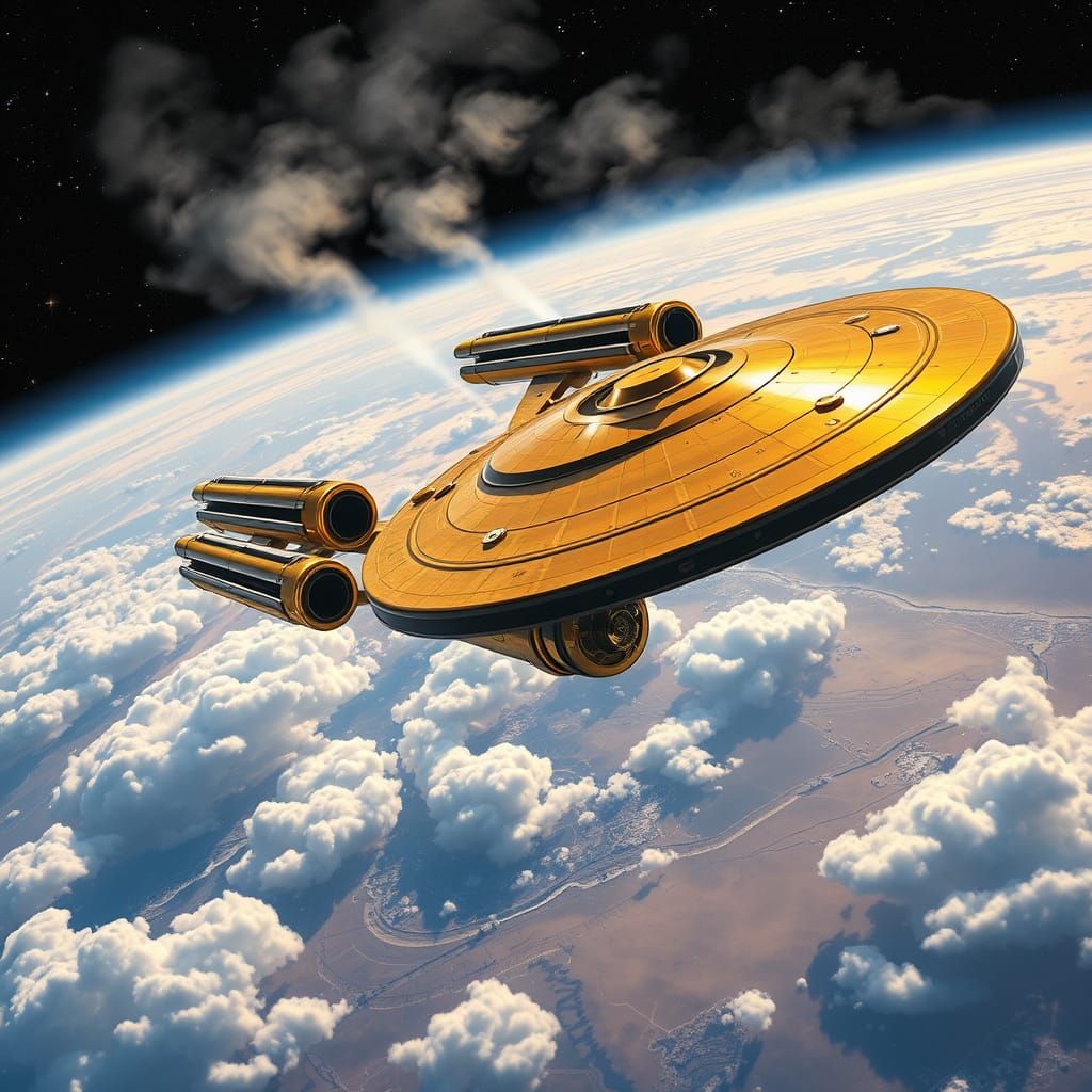 Steampunk Starship Enterprise Orbiting Earth in Brass