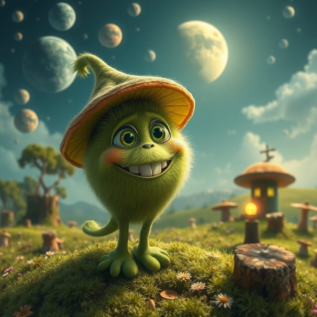 Cute Green Creature in a Whimsical Landscape