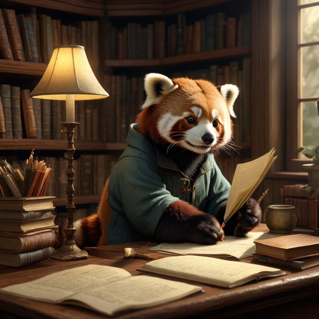 Red Panda Writes Novel in Cozy Library, Storybook Art