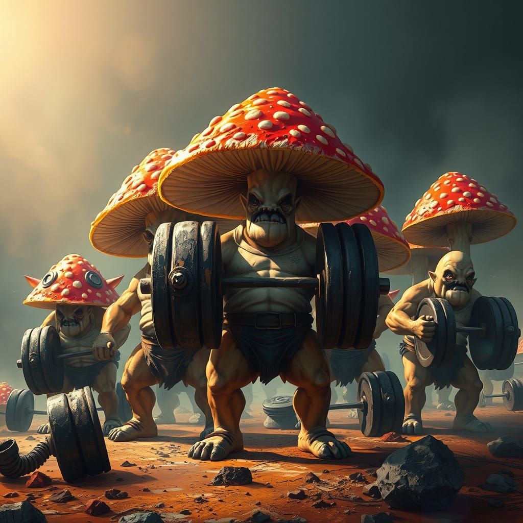 Mushroom Athletes Lifting Weights in a Vibrant, 8K Concept A...