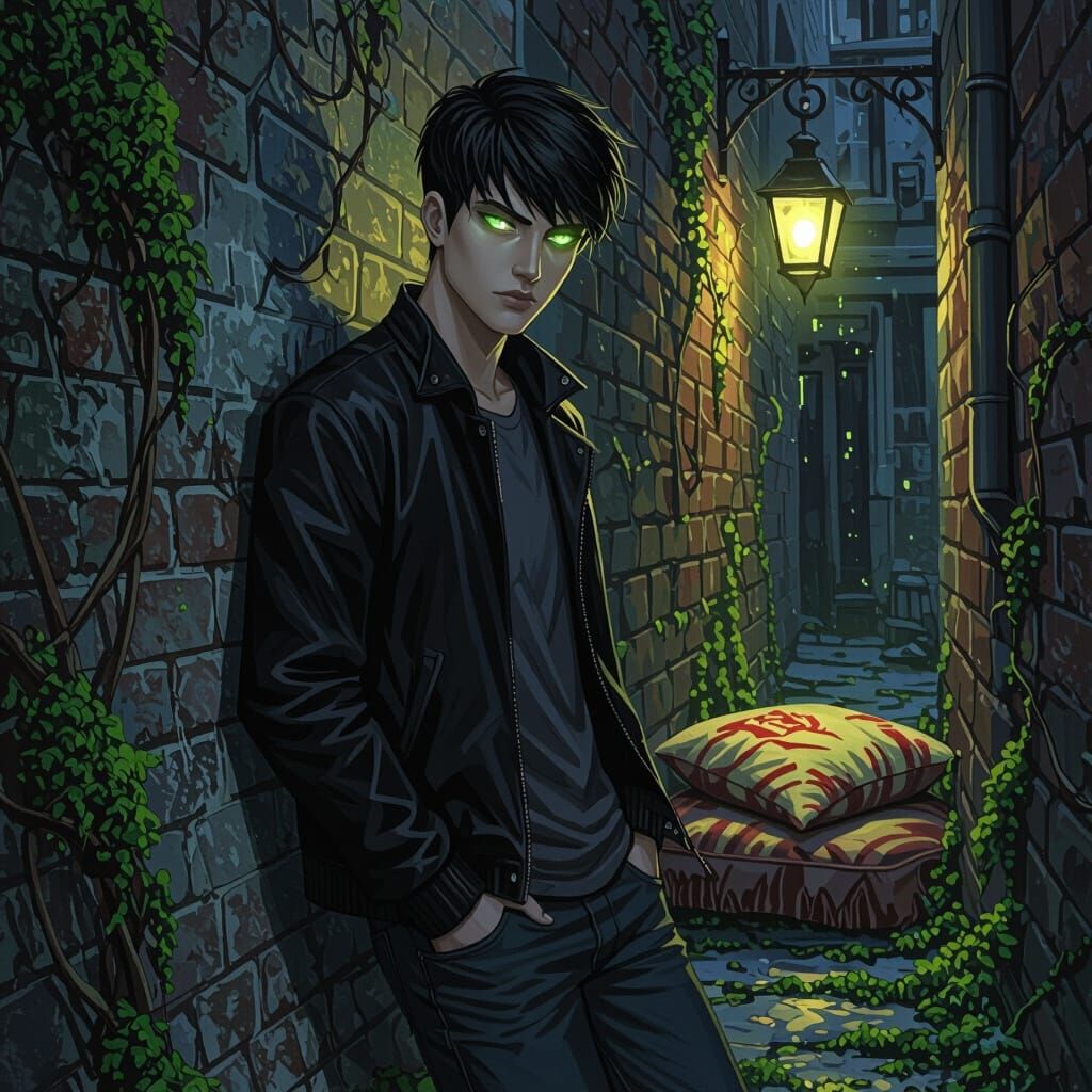 Teen Boy With Acid Green Glowing Eyes in Dark Alley