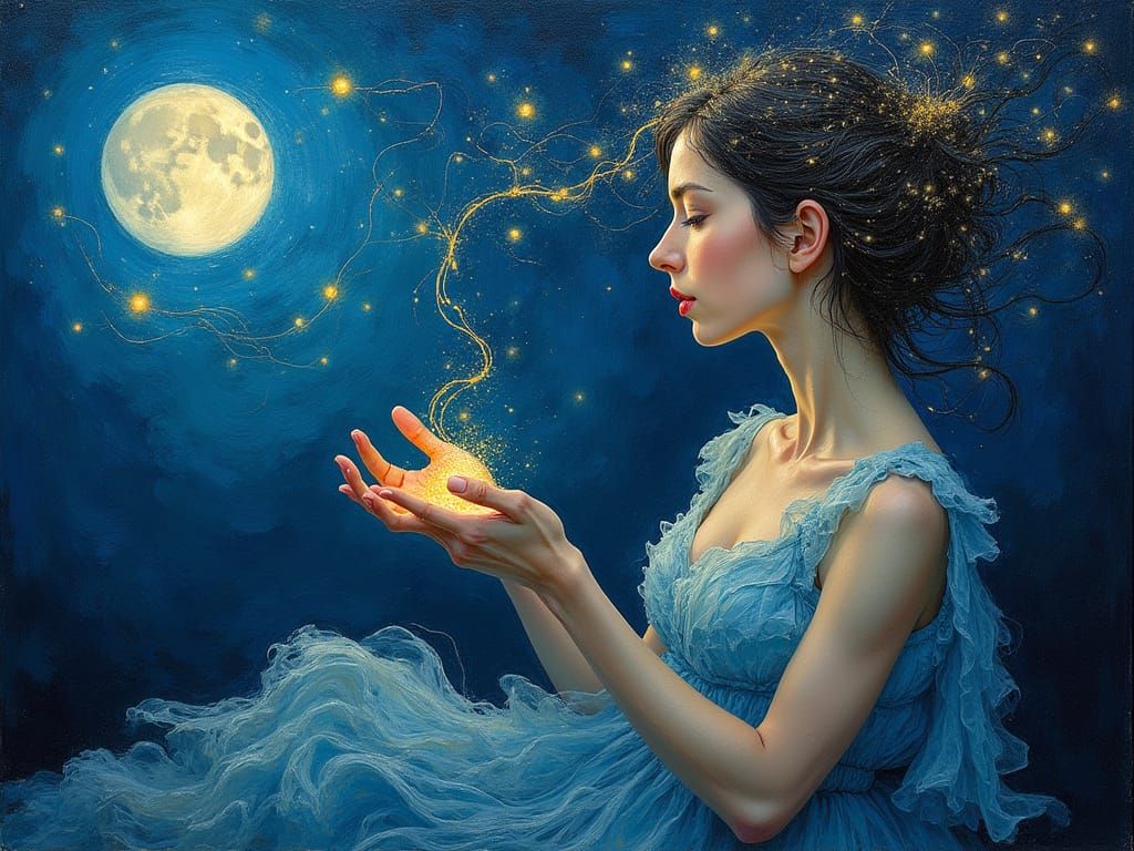 Surreal Woman Weaving Dreams Under Moonlight in Impasto Styl...