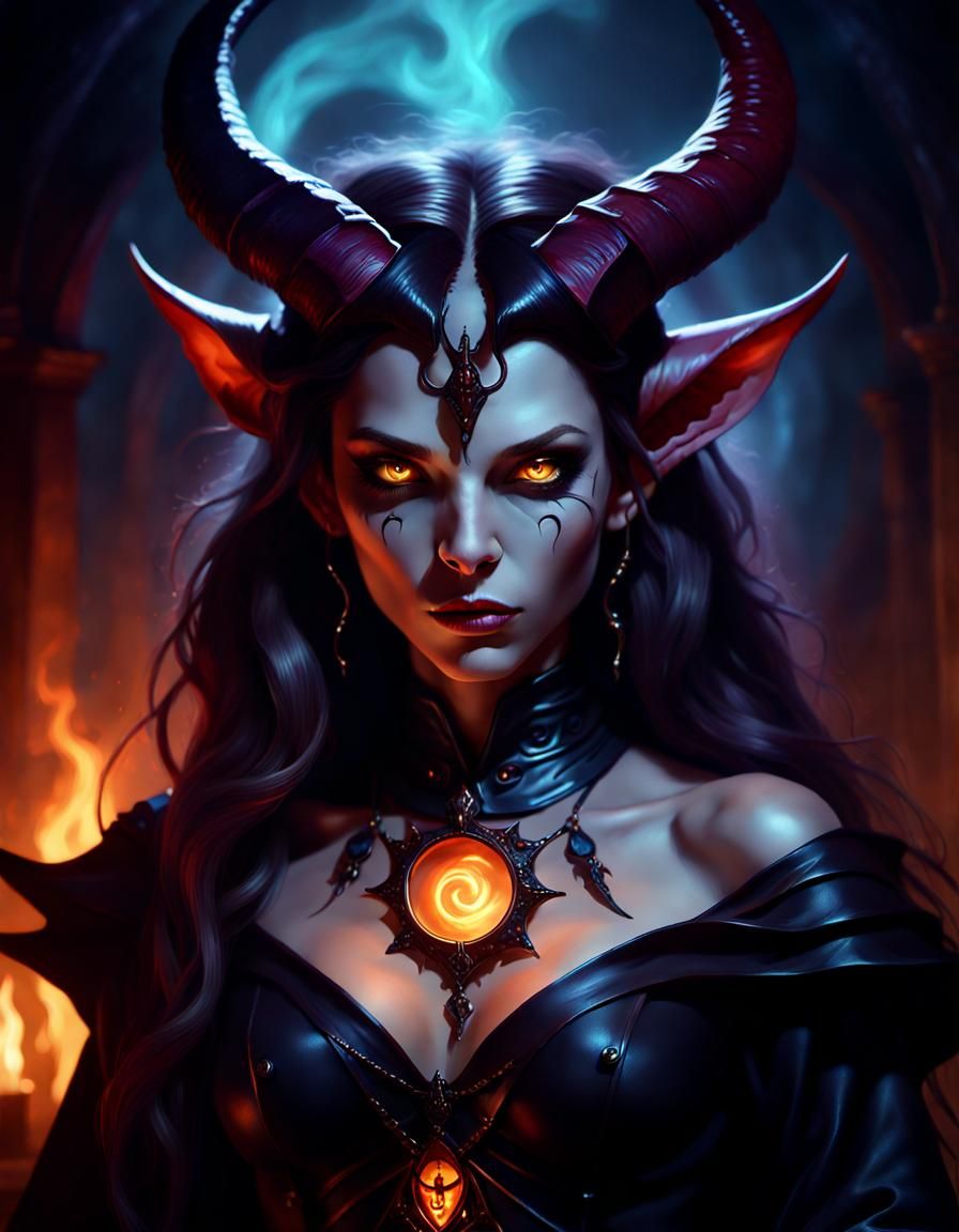 Ethereal Tiefling Sorceress in Gothic Digital Art