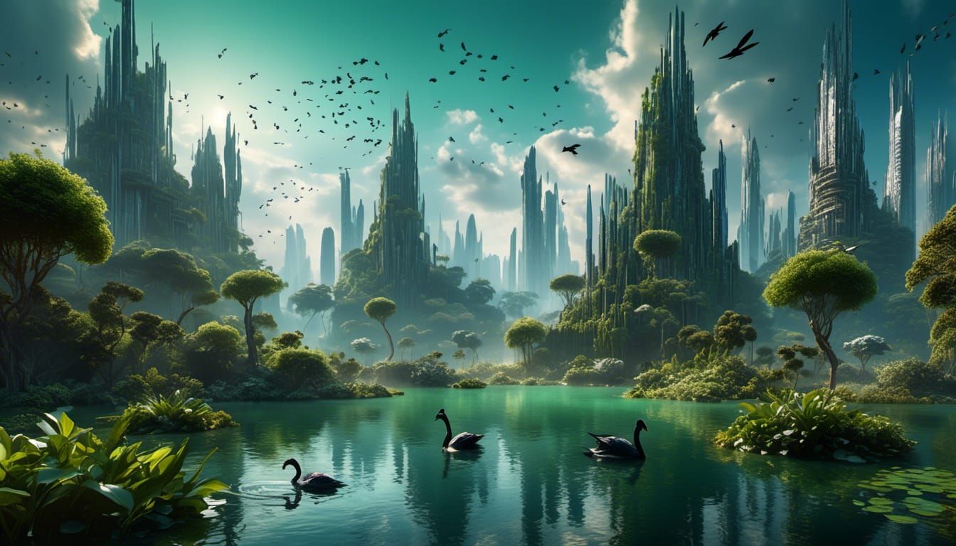 Futuristic Cityscape Silhouette with Aquatic Birds