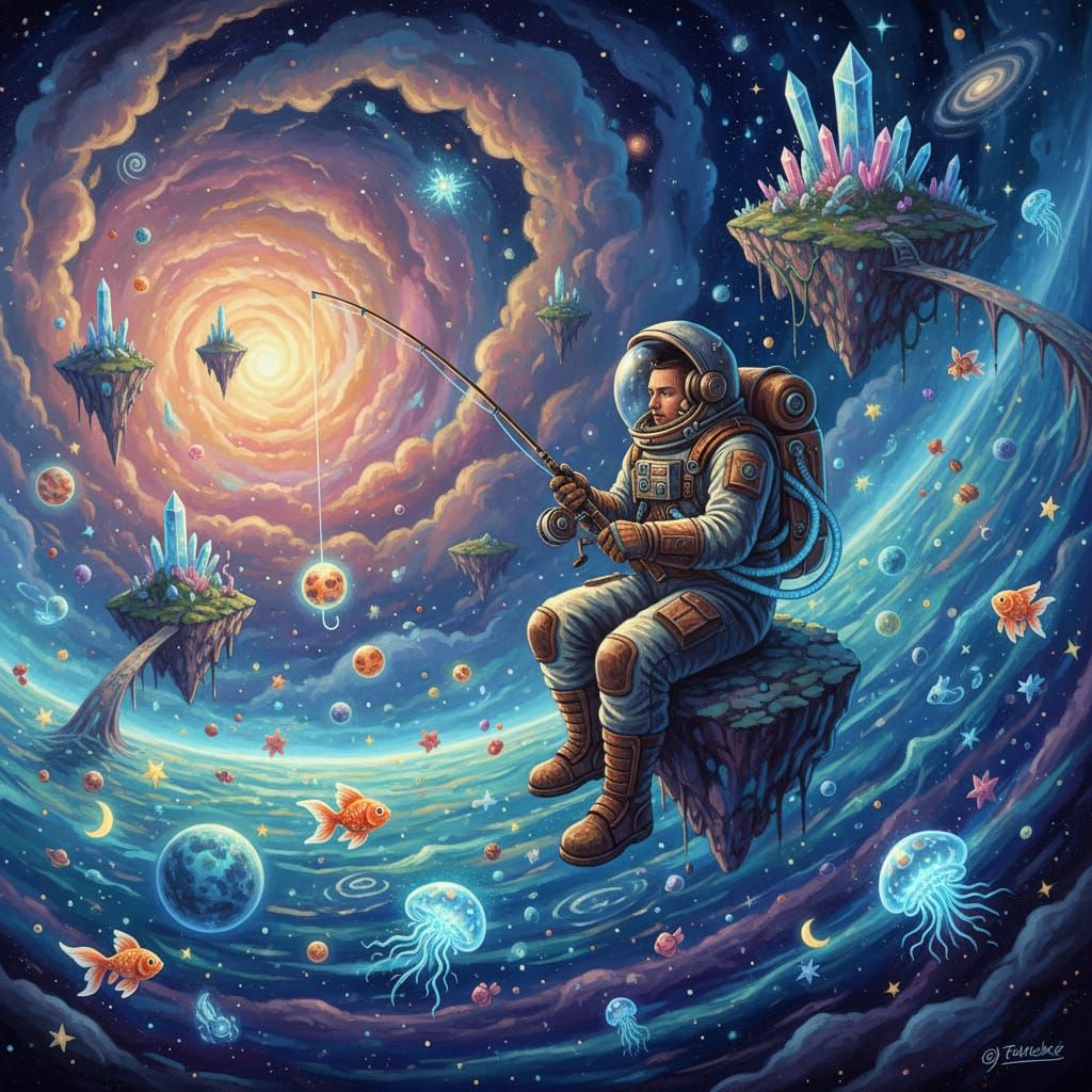 Astronaut Fishes in Cosmic Ocean with Bioluminescent Wonders